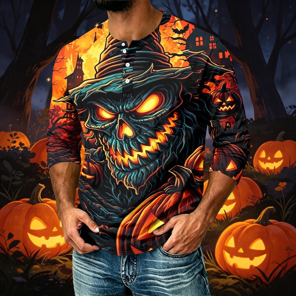 Men's Casual Raglan Three-Quarter Sleeve Shirt Halloween Print