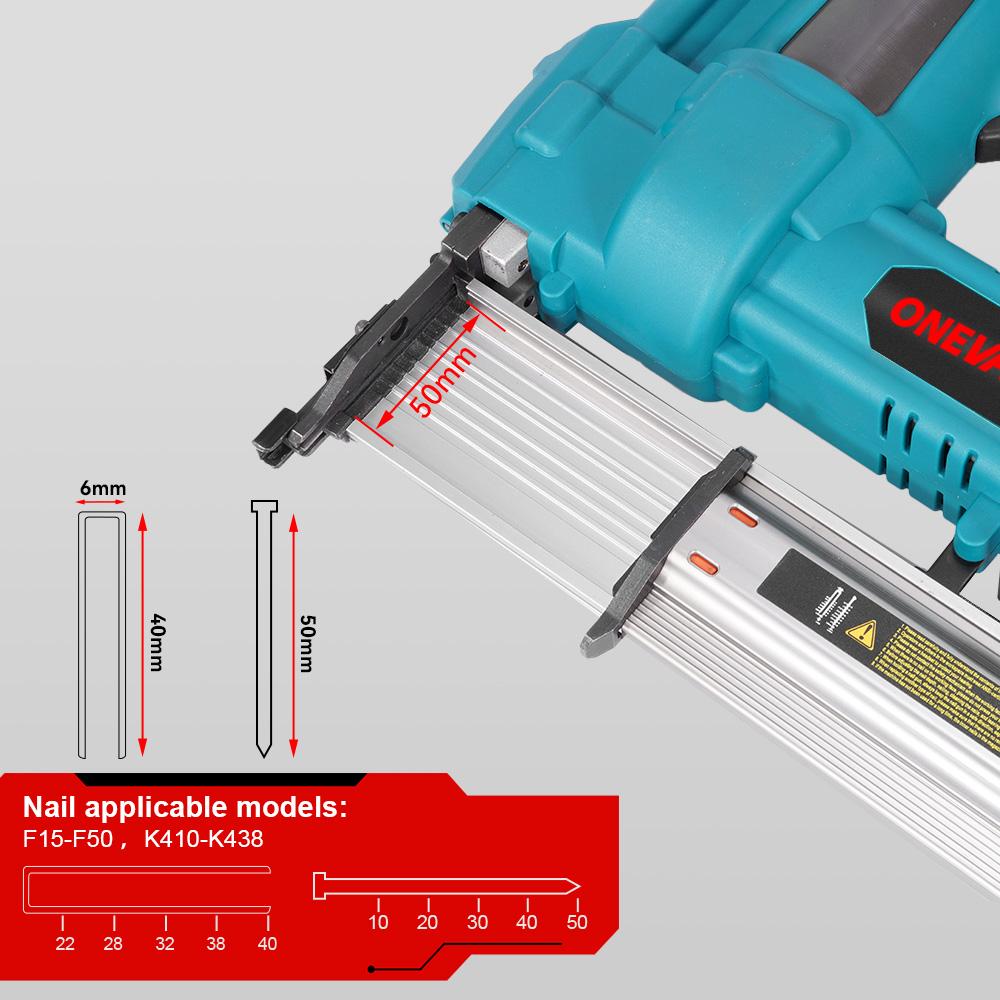 ONEVAN Bürstenloser elektrischer 2-in-1-Nagler/Hefter F15-50 K410-438 Akku-Nagelpistole mit 4 Nagelmodi für 21-V-18-V-Akku