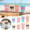 Cute Ice Cream Straw Cup Creative Double Layer Plastic Water Bottle With Crushed Ice Decor Portable Tumbler For Girls Kids Gift