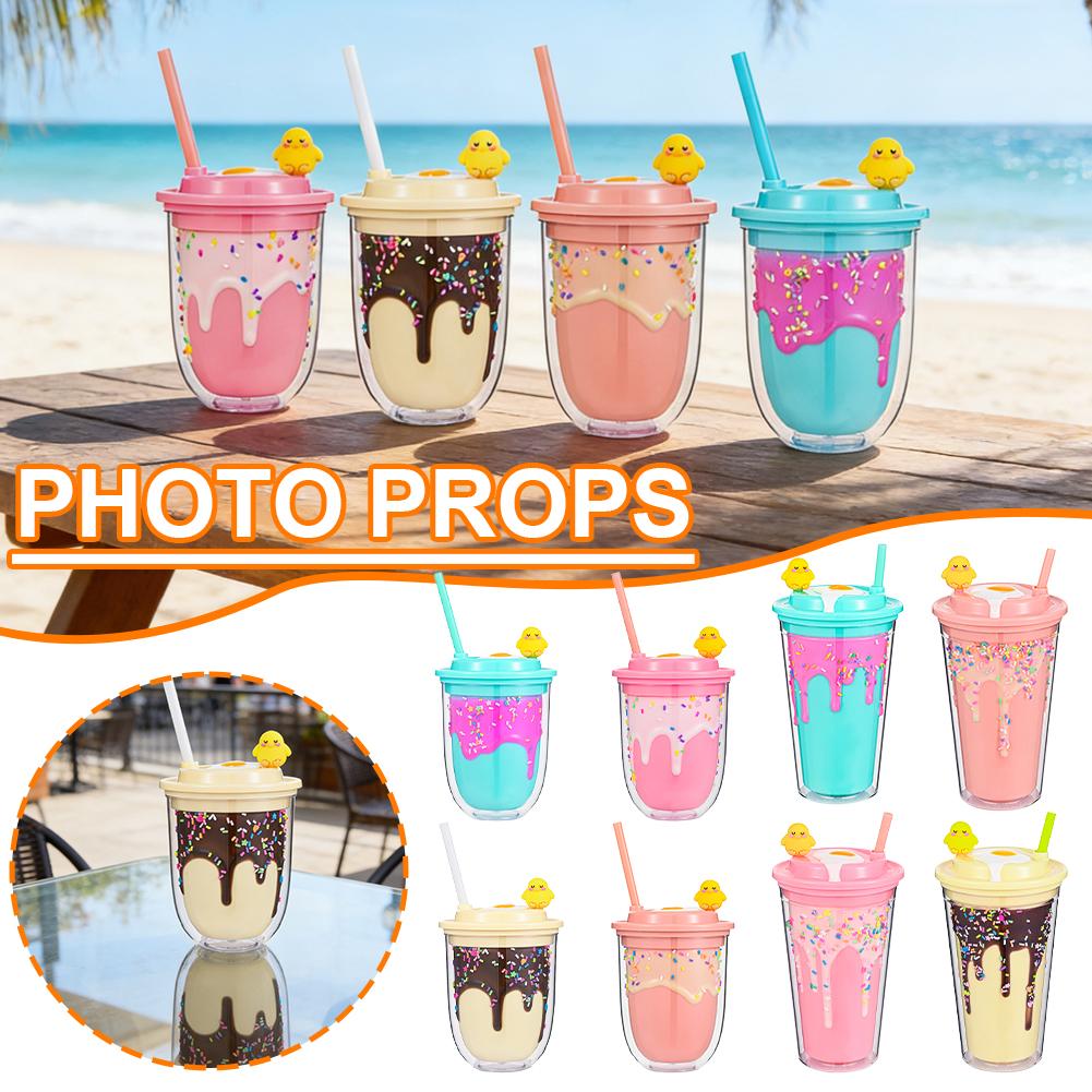 Cute Ice Cream Straw Cup Creative Double Layer Plastic Water Bottle With Crushed Ice Decor Portable Tumbler For Girls Kids Gift
