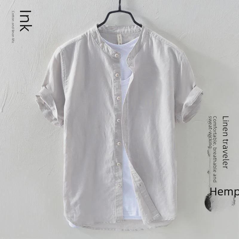 

Мужская льняная рубашка с коротким рукавом, воротник-стойка в китайском стиле, свободный покрой, летний тренд XL серый