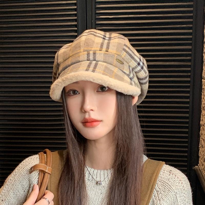 Warm Fleece Plaid Beret Hat Women Winter Retro Octagonal Cap Chic Foldable Beanie With Short Brim