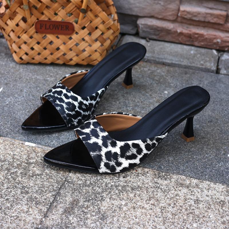 Leopard Print Temperament Flip Slippers Worn Outside Summer New Pointed Toe Shallow Mouth Non-slip High Heels