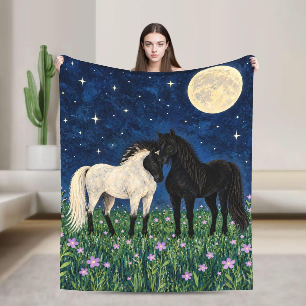 Celestial Moonlit Horse Throw Blanket, Starry Night Equestrian Art, Soft Flannel (300g)