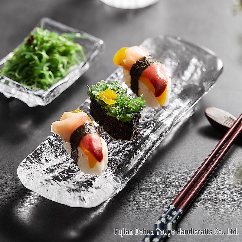 Japanese Style Glass Sushi and Dessert Plate - Rectangular Tray for Sashimi and Western Food