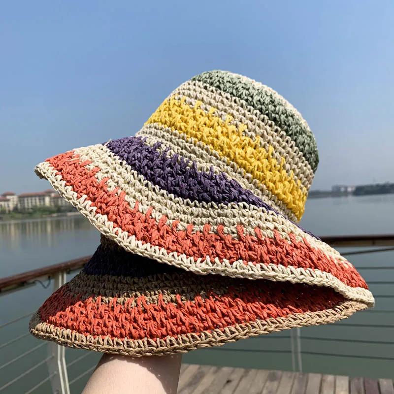 Handwoven Straw Rainbow Sun Hat for Ladies Summer Vacation Beach Colorful Hat Foldable Beach Hats Women Sun Hats