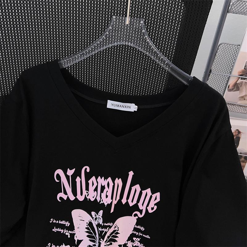 Plus Size Loose Mid-Length V-Neck Short-Sleeve T-Shirt for Women (200/300/350 Jin)