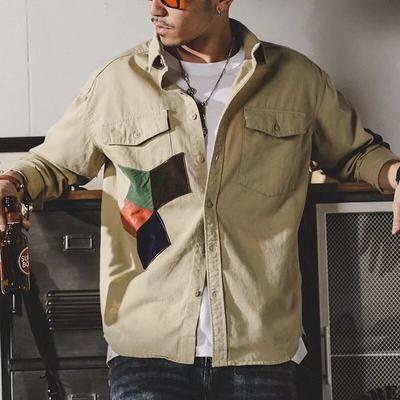 Tide Youth Loose Casual Workwear Long-sleeved Shirt Spring and Fall Japanese Hong Kong Style Splicing Versatile Shirt Jacket Man