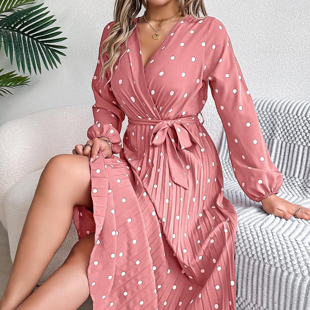 Abito lungo da donna autunno inverno a maniche lunghe con pieghe a pois e vita alta