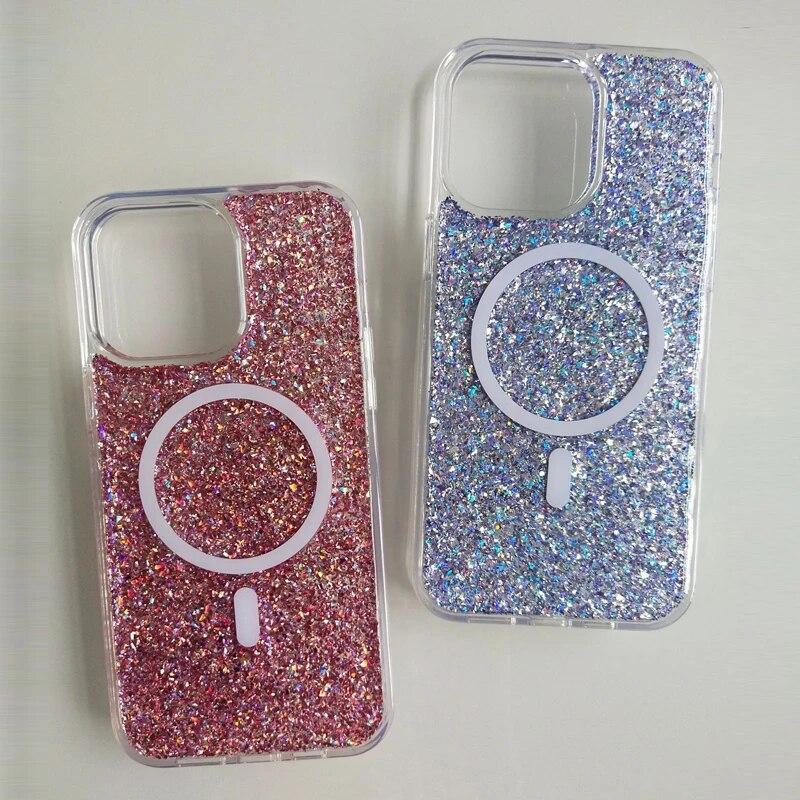 Clear Glitter Bling Magnetic Case for iPhone 14 13 12 Pro Max Plus Cover for MagSafe Wireless Charging Soft Silicone Cover Funda