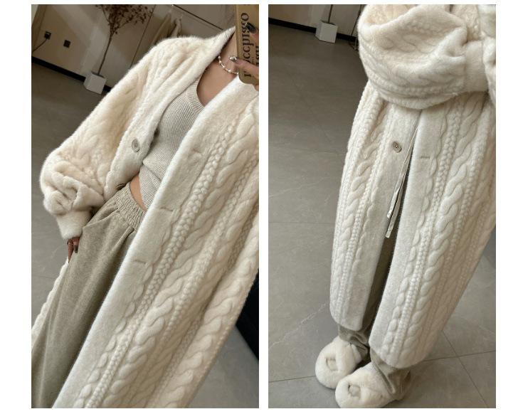 Thick Long Faux Mink Cable Knit Cardigan and Leather-Fur Eco Coat for Women Winter