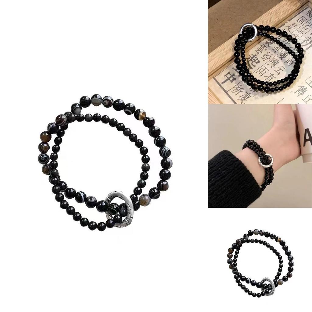 Elegant Black Beaded Bracelet For Men And Women With Handmade Alloy Double Circle Design