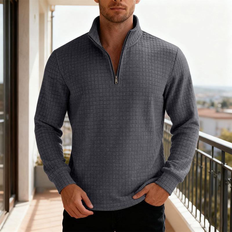 Solid-colour Half-zip Turtleneck Jumper with Small Check Jacquard Pattern