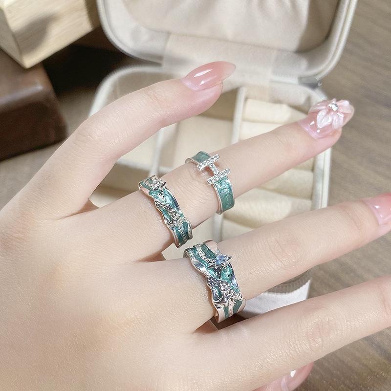 Small Fresh Green Dripping Oil Enamel Open Ring Women'S French Irregular Personality Advanced Ring