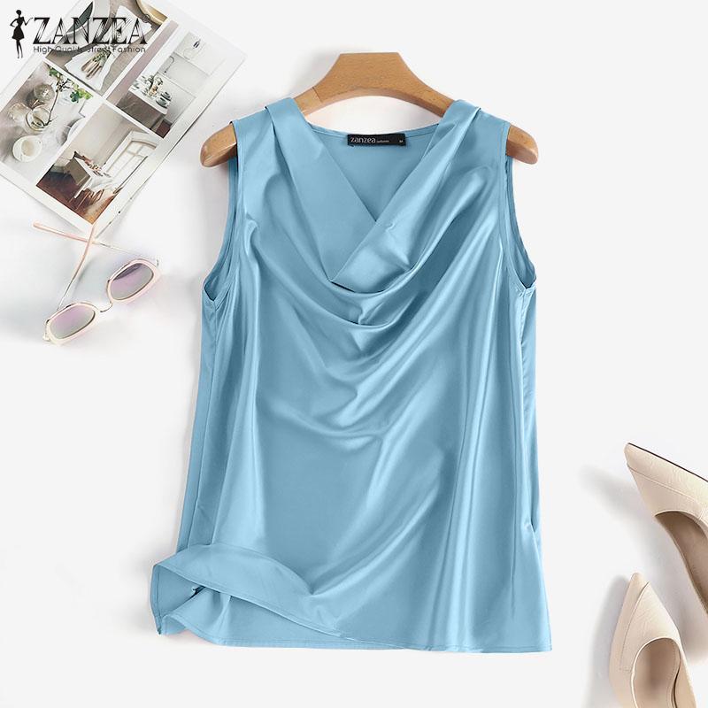 ZANZEA Camisetas sin mangas casuales de verano para mujer con cuello cowl suelto