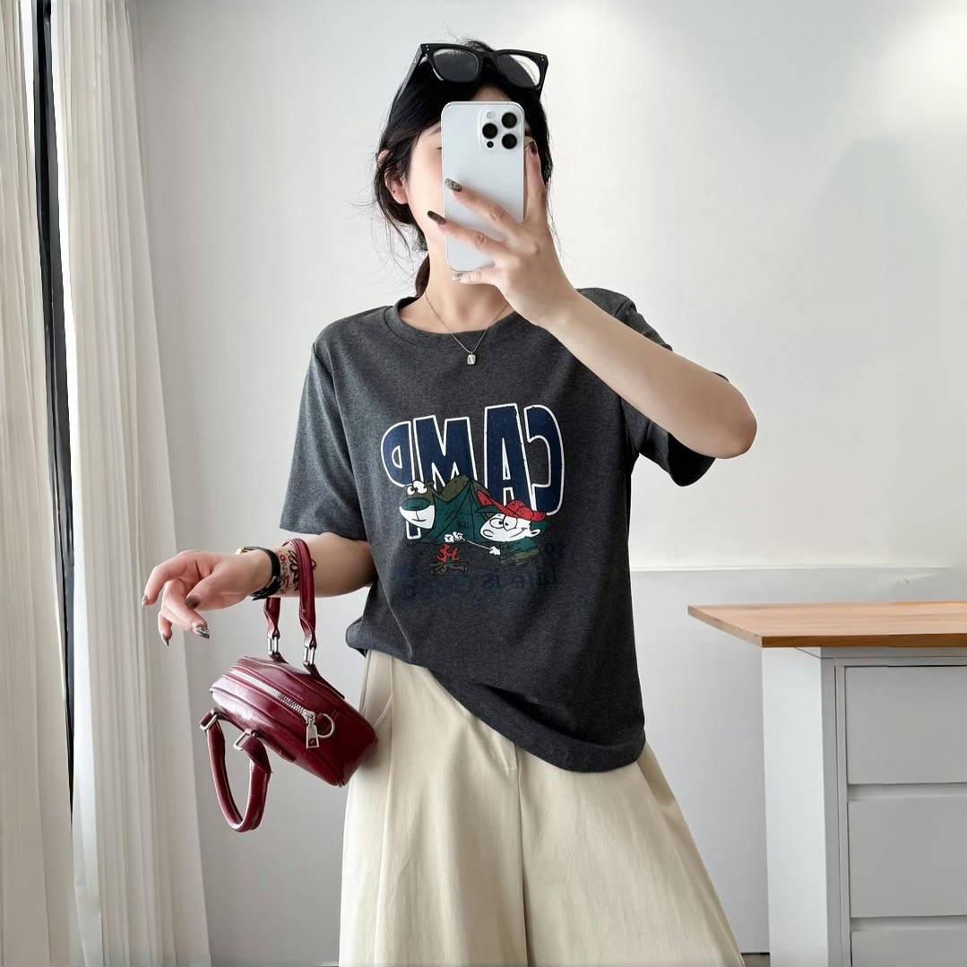 

Женская футболка больших размеров свободного кроя с круглым вырезом и мультяшным принтом, с коротким рукавом, весна/лето 2025 Large серый