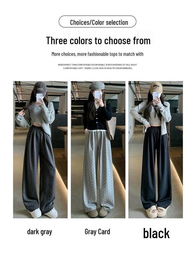 Dark Grey Heart Pattern Wide Leg High Waist Petite Women's Trousers - Spring/Summer Casual Straight Leg Floor Length Pants