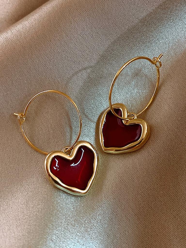2 Pieces of Trendy Wine Red Heart-shaped Earrings for Women, Outdoor Travel, Carnival, Party, Holiday Dressing Gifts-8833