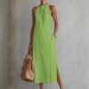 Women's Summer Dress Halter Sleeveless Vacation Loose Fit Casual Women's White Midi Dress With Lace Stitching Slit Pockets Simple Beach Dresses
