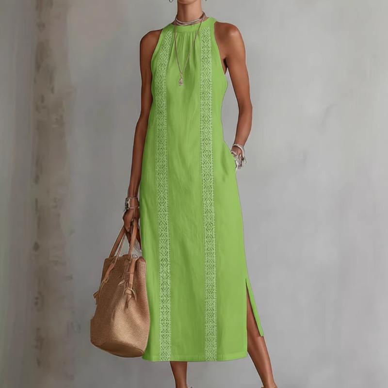 Women's Summer Dress Halter Sleeveless Vacation Loose Fit Casual Women's White Midi Dress With Lace Stitching Slit Pockets Simple Beach Dresses
