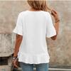 Ladies Summer Short Sleeve O Neck Ruffles Solid Color Casual Pullover Blouse Shirt Top