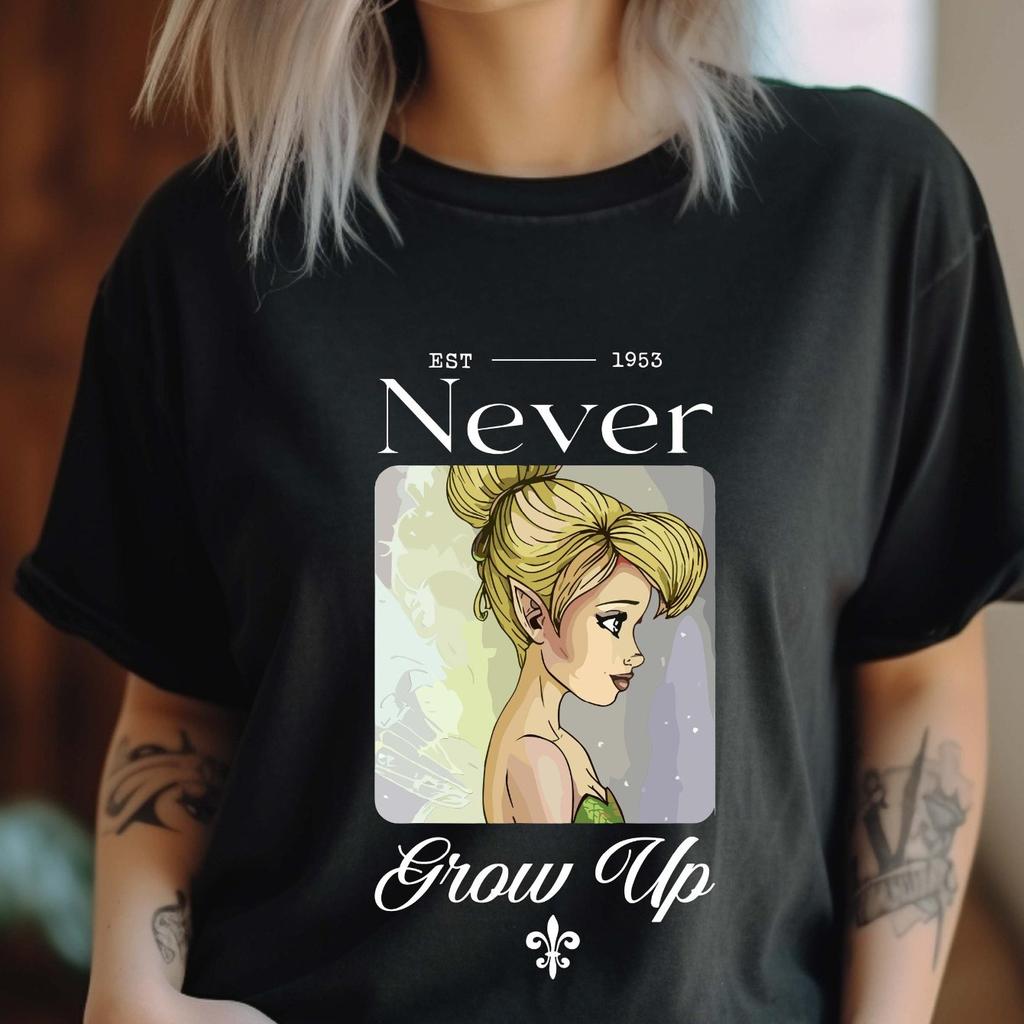 Ladies   Tinker Bell Never Grows Up Tshirt Four Seasons Pure Cotton Casual Fashion Unisexs and Womens Street Wear