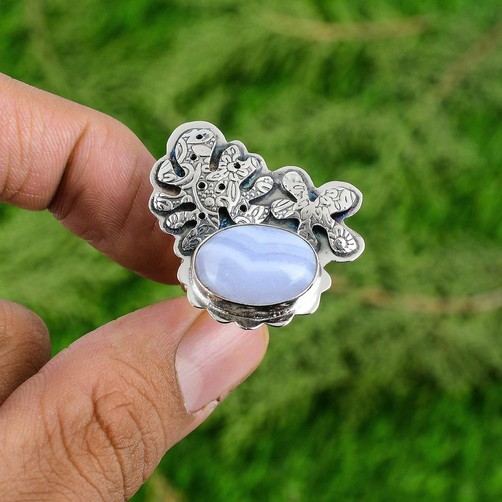 Oval Blue Lace Agate Gemstone Sterling Silver Stackable Bezel New Ring Jewelry
