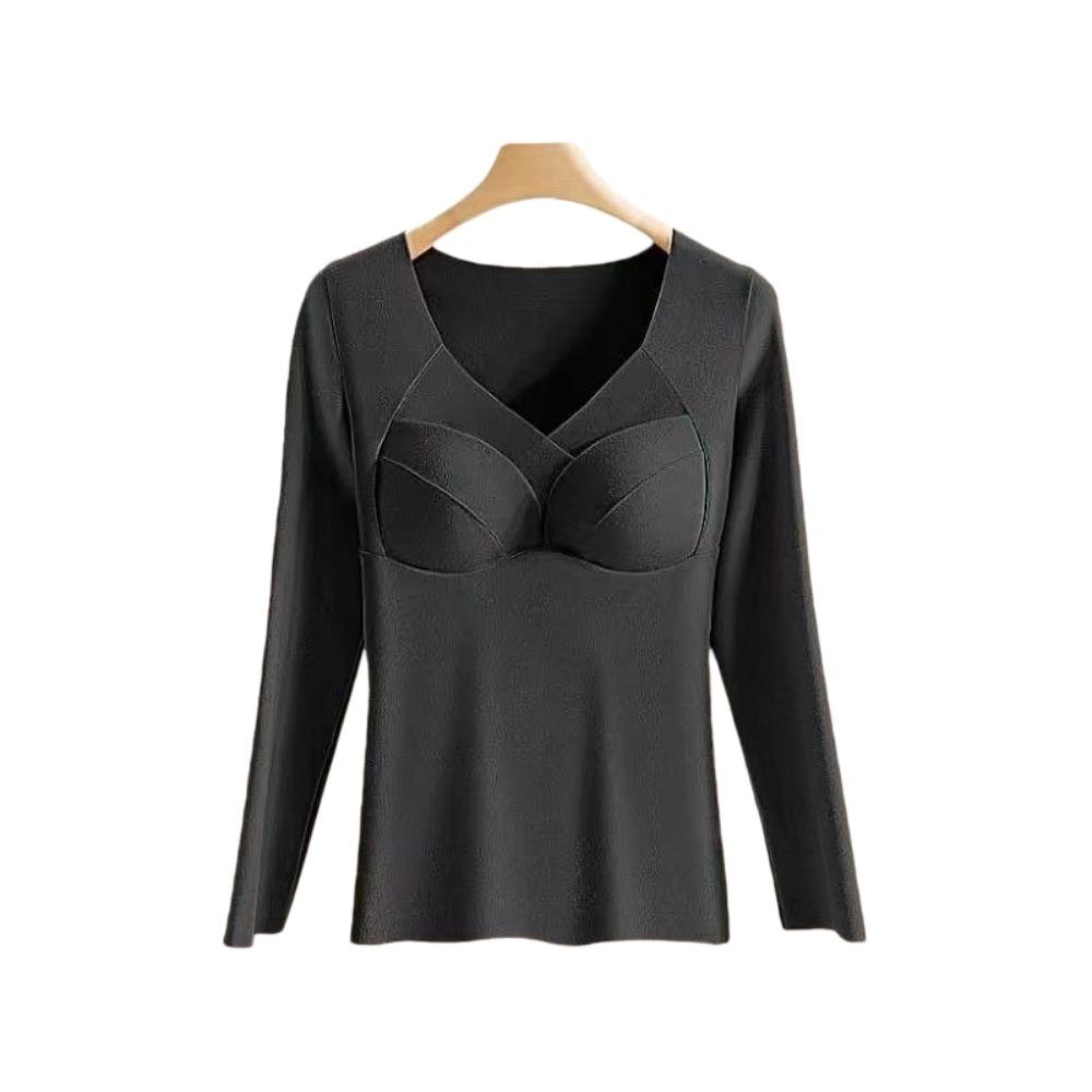 

V Mesh Neck Women Thermal Clothes Solid Color Velvet Fleece Thermal Underwear Feel Heating Lingerie Warmth Long Tops Undershirt 2XL чорний