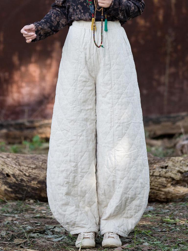 2025 Winter Women's Retro Quilted Diamond Pattern Lantern Pants - Thick Warm Cotton Linen