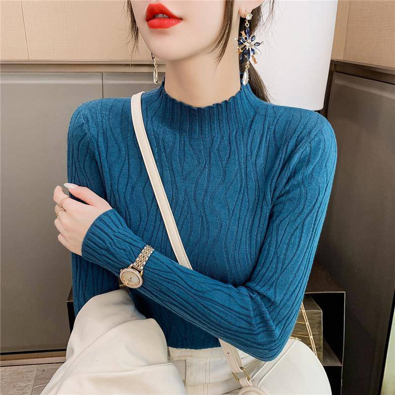Autumn and winter versatile simple semi-turtleneck sweater with women's solid color slim and thin knitted bottoming shirt splicing design