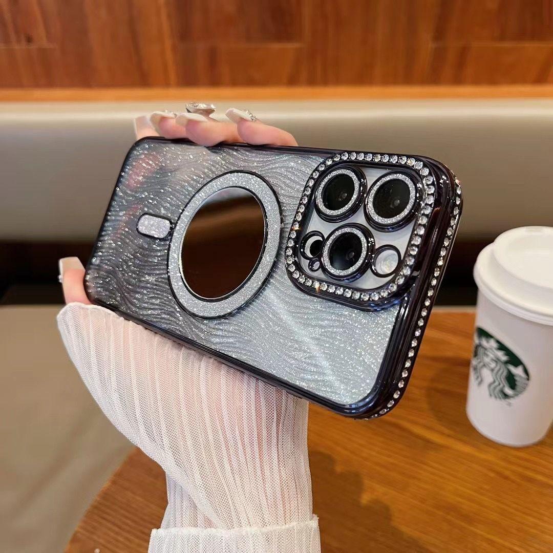 

Роскошный чехол для мобильного телефона iPhone16PRO с магнитной застежкой, с блестками и стразами, зеркальный кронштейн с волнообразным узором, для Apple 14/15 iPhone 15promax чёрный