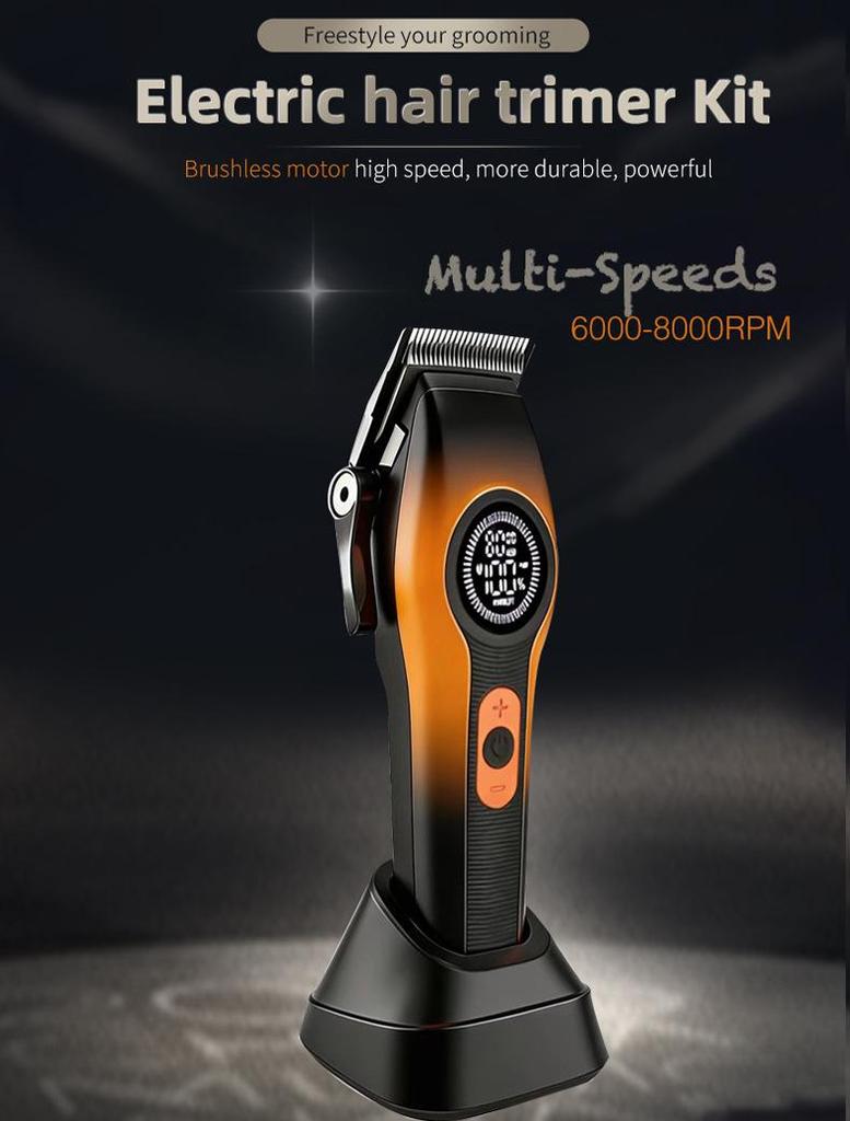 Pro Brushless Motor Hair Clipper with LCD Display, Multi-Speed Adjustment, Charging Base, Electric Trimmer for Barber Shop and Home Use