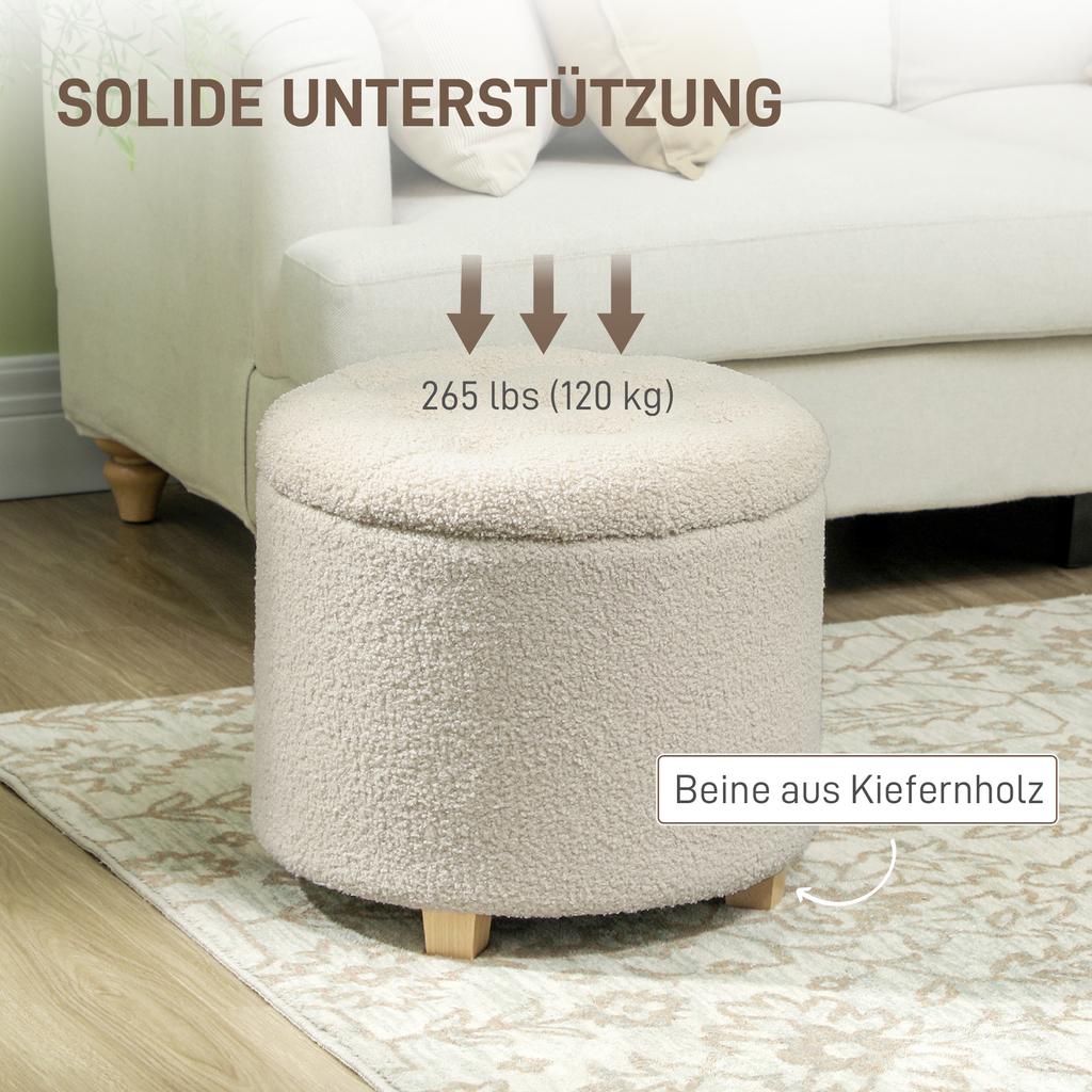 Round Upholstered Storage Ottoman with Lid, Wooden Legs, Cream White