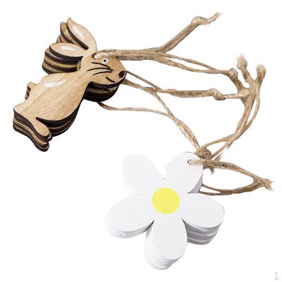 Conjunto de 8 peças de pingentes de flores de coelho da Páscoa, etiquetas de madeira, decoração pendurada