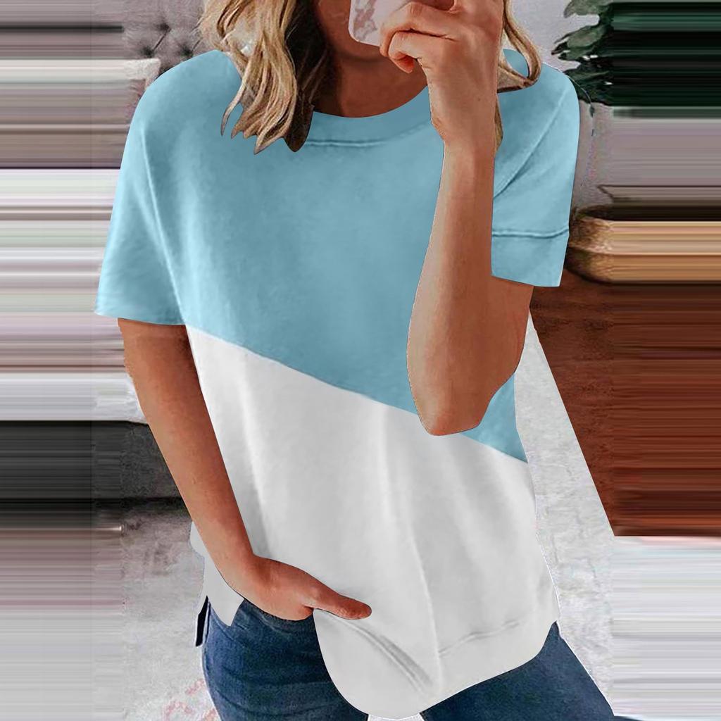 Women's Casual Fashion Short-Sleeved Stitching Round Neck Pullover Thin T-shirt