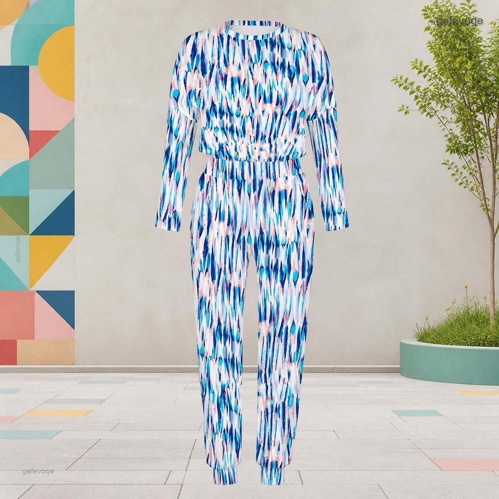 Women Plus Size Patchwork Printed Round Neck Long Sleeve Cuffed Top And Pants With Pockets Two Piece Set