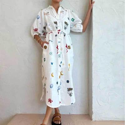 European American Women's Clothing White Fun Printed Lapel Shirt Lacing Dress