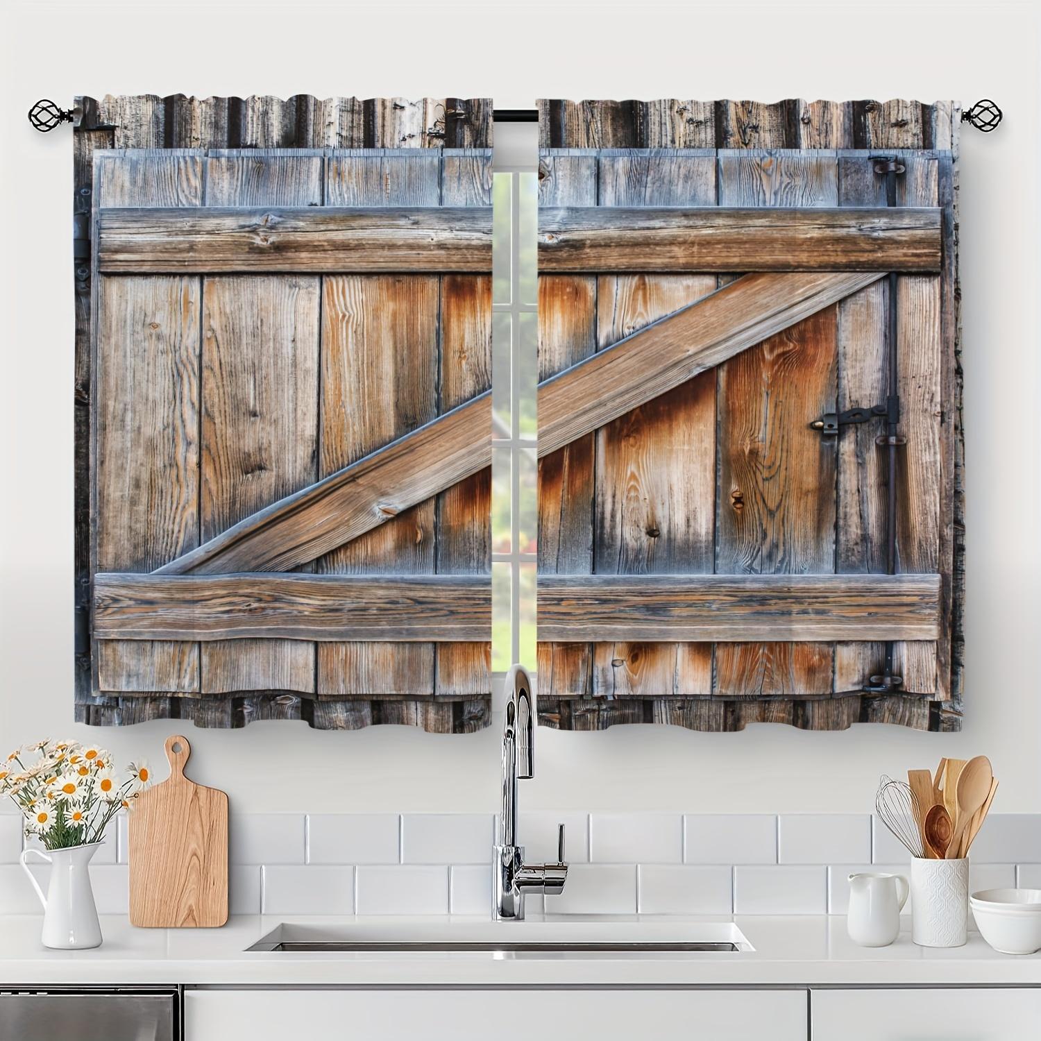 

Panels Wooden Door Pattern Printed Curtains Living Room Bedroom Translucent Light Filter Fashionable Home Decor Vintage Polyester Sitting Window W100*H130(CM)-Hooks&2PCS