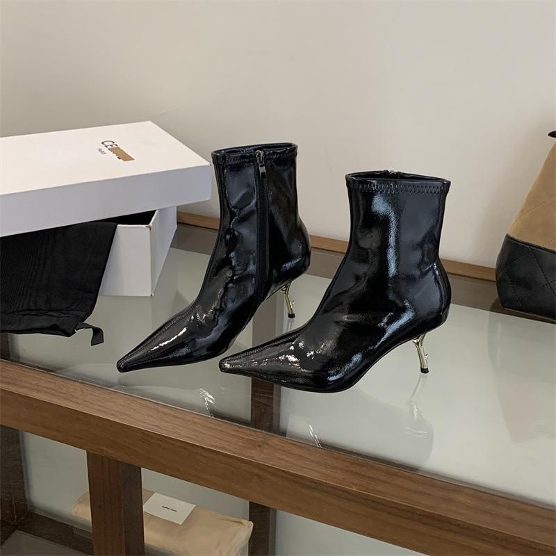 Sexy Leopard Print High-heeled Thin Boots 2025 New Pointed Metal Stiletto Side Zipper Fashion Boots