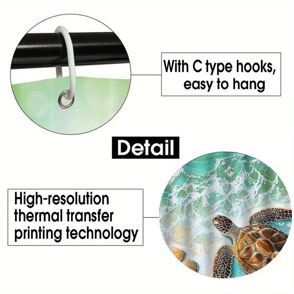 Sea Turtle Shower Curtain Set With 12 Hooks - Polyester Fabric, Non-Slip Bath Mat, Toilet Seat Cover, And U-Shaped Rug - Machine