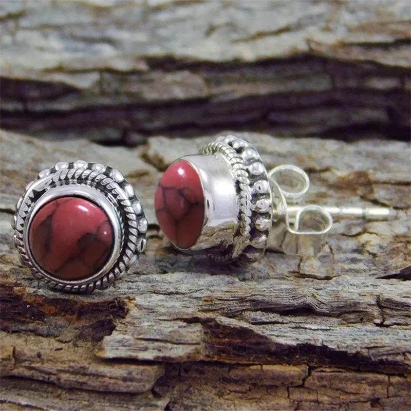 Vintage Silver Color Round Red Pattern Stone Earrings Originality Metal Carving Stud Earrings for Women Jewelry