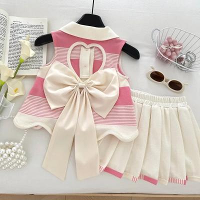 Pink Girl Clothes Fashion Fold Over Collar Striped Love Print T Shirt Pleated Skirt Set Back Bow Decoration
