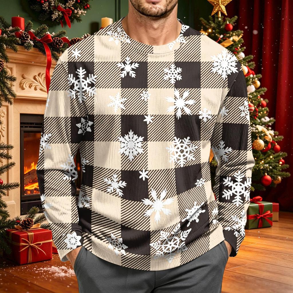 Men's Corduroy Long Sleeve Neck Shirt with Christmas Print for Holiday Casual Wear