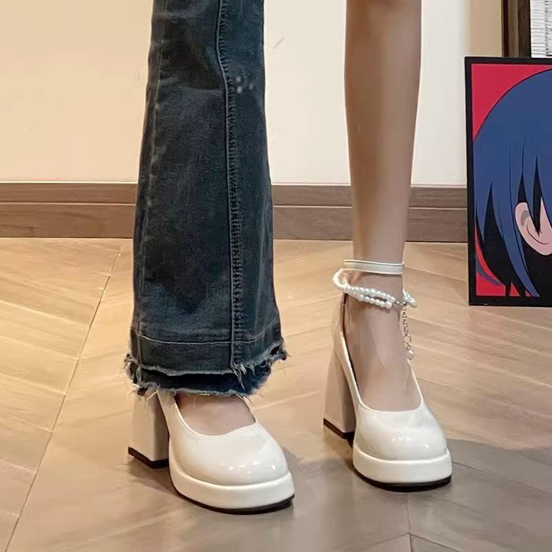 

Туфли на толстой подошве на высоком каблуке 2024 весна-осень новые французские водонепроницаемые на платформе Мэри Джейн с одной пуговицей на толстом каблуке женские туфли 35 бежевый