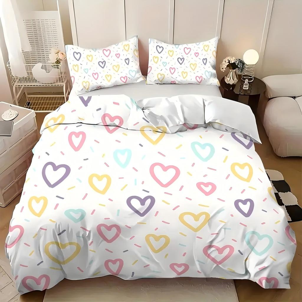 Colored Heart Shape Pattern 3D Printed Bedding Set Simple Style Duvet Cover Set Soft Comfortable Home Polyester Quilt Cover Set