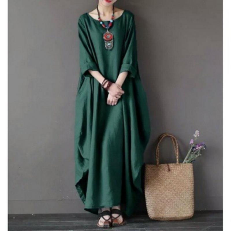 Frühling und Sommer Neues lockeres Baumwoll- und Leinen-Langrockkleid