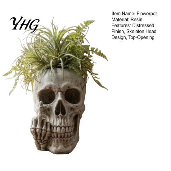 Retro Skull Sculpture Planter with Middle?Finger Gesture, Resin Succulent Pot, Gothic Skeleton Head Indoor Outdoor Flower Unique Desktop for Garden