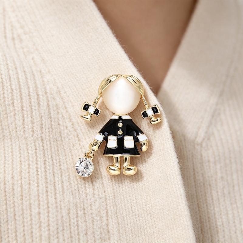 Character Brooch Pin for Women Gold Tone Alloy Girl Design with Black and White Enamel Style Detail for Jackets Scarves Bags and Daily Wear