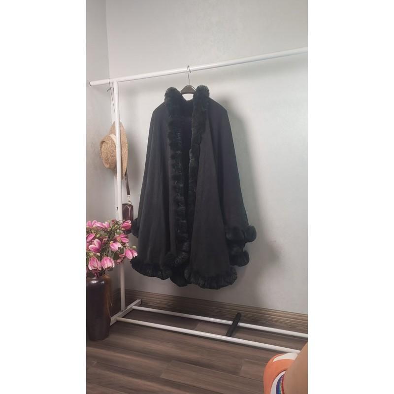 Oversized Knit Cape With Faux Fur Collar Women Winter Warm Thick Sweater Shawl Street Style