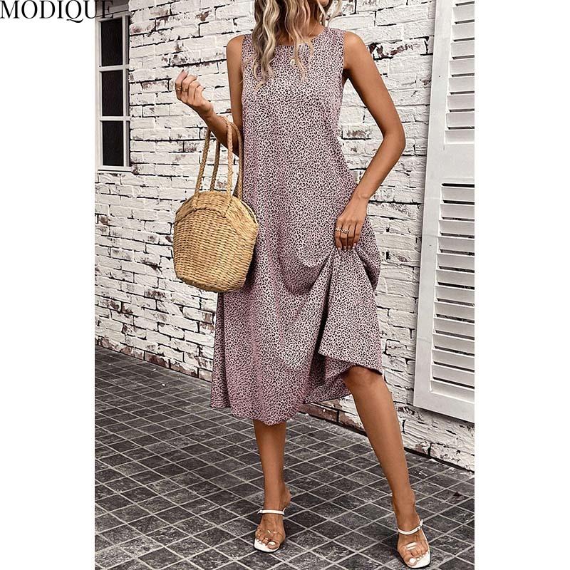 MODIQUE 2025 Summer New Women's Sexy Leopard Print Sleeveless Long Dress Ladies Elegant Casual A-Line Hot O-Neck Dress
